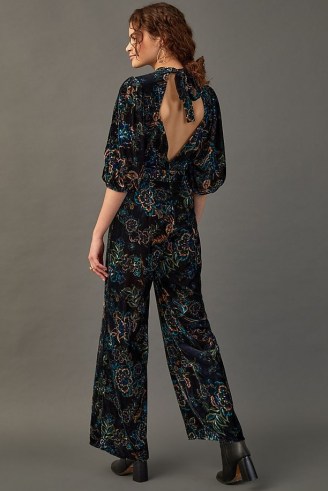 Kachel Printed Velvet Jumpsuit Black Motif – floral open back jumpsuits - flipped