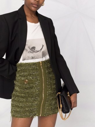 Balmain high-waist zipped tweed skirt khaki green – designer textured skirts