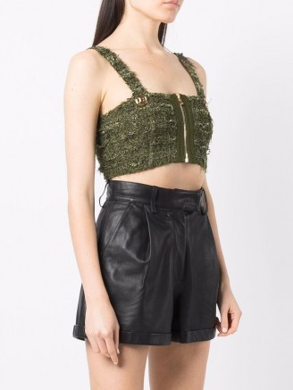 Balmain green tweed zip-up cropped vest – textured crop tops