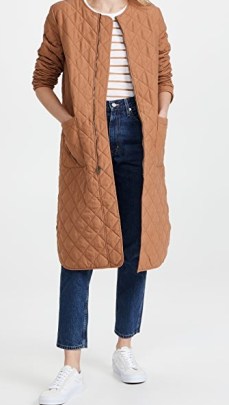 BB Dakota Quilt For Speed Coat in Dark Camel ~ brown longline curved hem quilted coats ~ womens autumn and winter outerwear