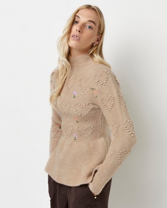 River Island Beige embroidered peplum hem knitted jumper | high neck floral jumpers | womens fashionable knitwear - flipped