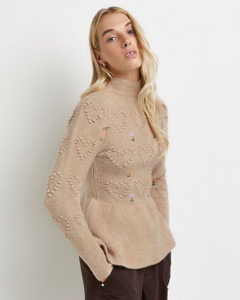 River Island Beige embroidered peplum hem knitted jumper | high neck floral jumpers | womens fashionable knitwear
