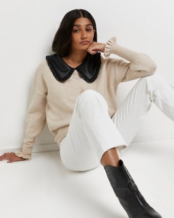 River Island Beige oversized collar knitted jumper | on-trend knitwear | large statement collared jumpers - flipped