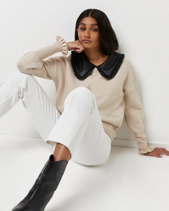 River Island Beige oversized collar knitted jumper | on-trend knitwear | large statement collared jumpers