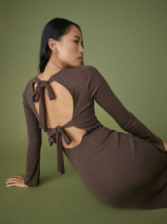 Reformation Benedict Dress in Chestnut | chic brown rib knit open back dresses
