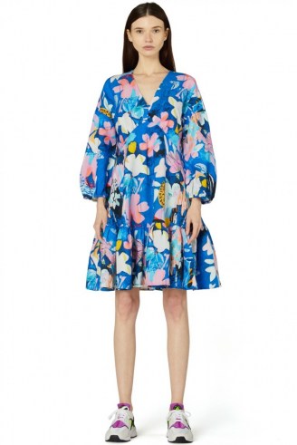 Kaitlin Johnson x Gorman BIG BLUE DRESS / floral silk linen blend balloon sleeve dresses / relaxed fit / tiered hem