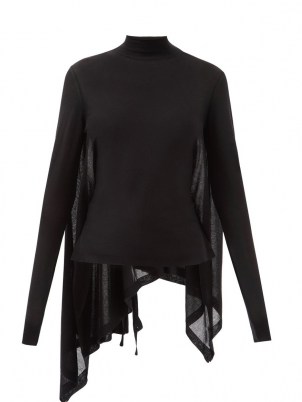 ANN DEMEULEMEESTER Alicia black high-neck cashmere-blend sweater ~ chic asymmetric drape back sweaters ~ contemporary knitwear - flipped
