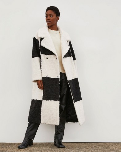 RIVER ISLAND Black & White RI Studio Borg Coat ~ womens retro monochrome checkerboard coats ~ women’s textured faux fur winter outerwear - flipped