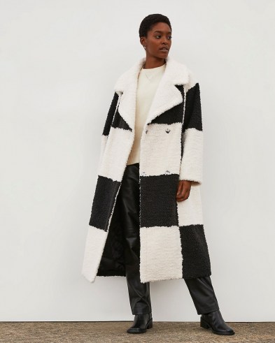 RIVER ISLAND Black & White RI Studio Borg Coat ~ womens retro monochrome checkerboard coats ~ women’s textured faux fur winter outerwear