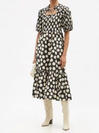 SEA Arline cutout-neck polka-dot cotton dress / feminine smocked bodice tiered hem spot print dresses