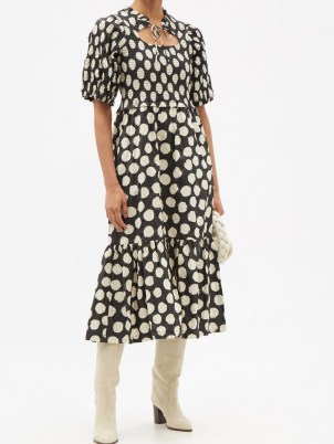 SEA Arline cutout-neck polka-dot cotton dress / feminine smocked bodice tiered hem spot print dresses - flipped