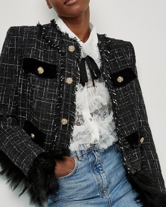 RIVER ISLAND Black boucle exaggerated shoulder jacket ~ glamorous tweed style jackets - flipped