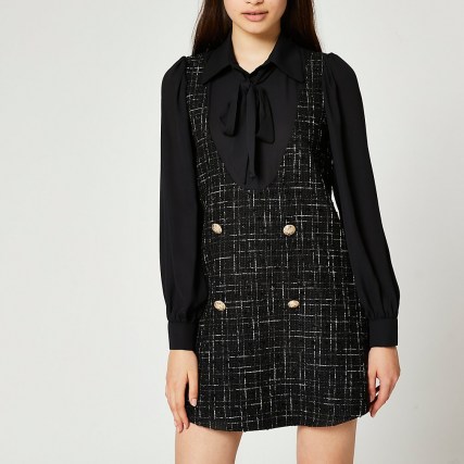 RIVER ISLAND Black boucle tie neck detail mini dress ~ textured tweed inspired dresses - flipped