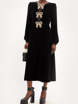 SALONI Camille crystal-bow black velvet midi dress – luxury vintage style dresses – womens luxe designer fashion - flipped