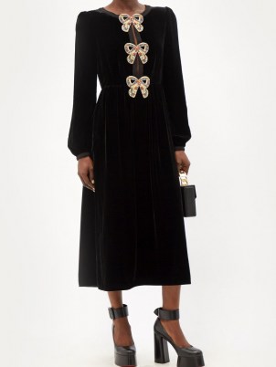 SALONI Camille crystal-bow black velvet midi dress – luxury vintage style dresses – womens luxe designer fashion