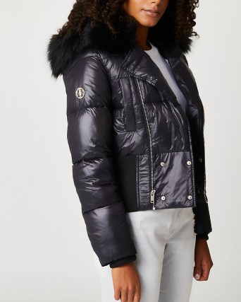 River Island Black cropped bomber jacket | womens padded faux fur hood jackets | women’s fashionable winter outerwear - flipped