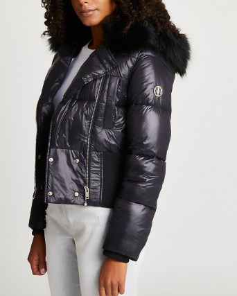 River Island Black cropped bomber jacket | womens padded faux fur hood jackets | women’s fashionable winter outerwear