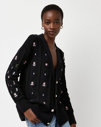 River Island Black embroidered cable knit cardigan | pretty button front floral cardigans | womens on-trend knitwear - flipped