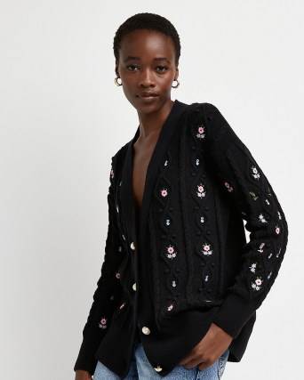 River Island Black embroidered cable knit cardigan | pretty button front floral cardigans | womens on-trend knitwear