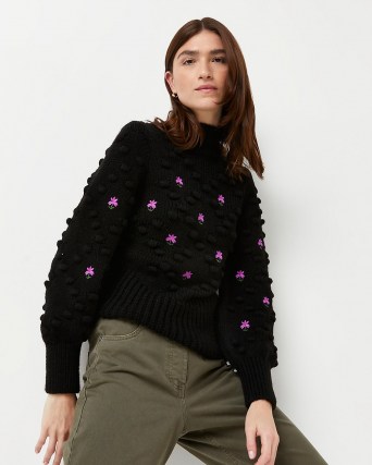 River Island Black embroidered chunky knit jumper | high neck textured jumpers | womens floral knitwear - flipped