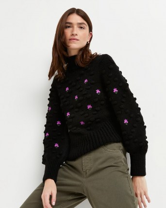 River Island Black embroidered chunky knit jumper | high neck textured jumpers | womens floral knitwear