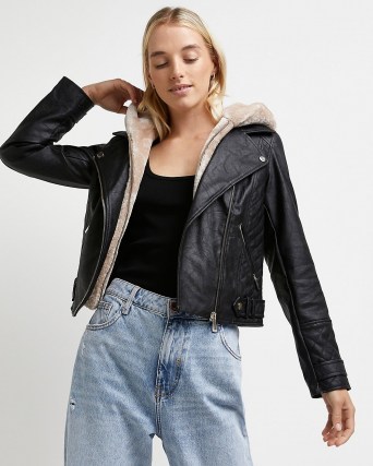 Black faux leather hooded biker jacket – casual faux fur lined jackets – womens modern classic outerwear