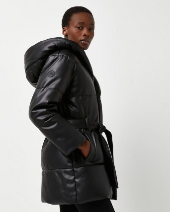 RIVER ISLAND Black faux leather padded puffer coat – womens hooded tie waist coats - flipped