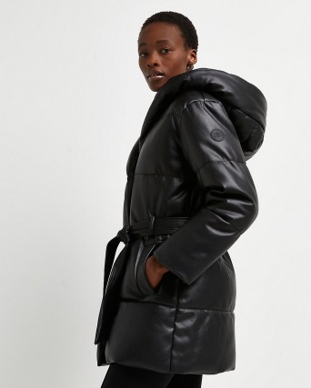 RIVER ISLAND Black faux leather padded puffer coat – womens hooded tie waist coats
