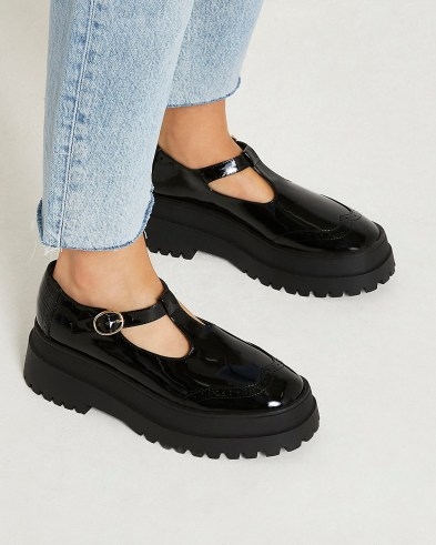 RIVER ISLAND Black flatform Mary Jane pumps / faux leather shiny patent finish mary janes / womens chunky t bar flatforms / on trend thick sole and heel shoes - flipped