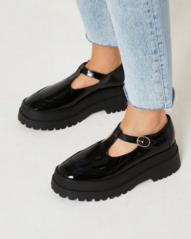 RIVER ISLAND Black flatform Mary Jane pumps / faux leather shiny patent finish mary janes / womens chunky t bar flatforms / on trend thick sole and heel shoes