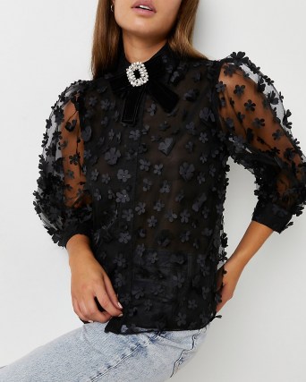 River Island Black floral organza shirt | sheer puff sleeve blouse | flower applique shirts | romance inspired fashion | romantic style blouses - flipped