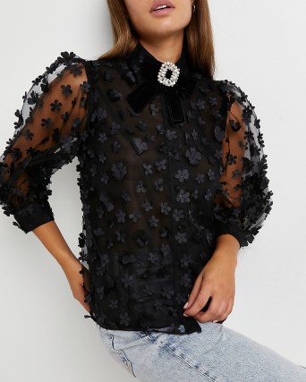 River Island Black floral organza shirt | sheer puff sleeve blouse | flower applique shirts | romance inspired fashion | romantic style blouses
