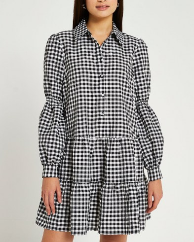 River Island Black gingham tiered mini dress | checked puff sleeve dresses