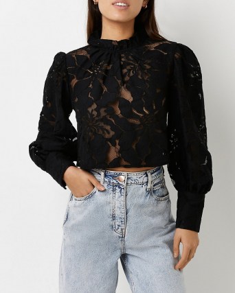 RIVER ISLAND Black lace high neck cropped top ~ romantic style semi sheer tops ~ puff sleeve blouses - flipped