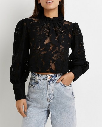 RIVER ISLAND Black lace high neck cropped top ~ romantic style semi sheer tops ~ puff sleeve blouses