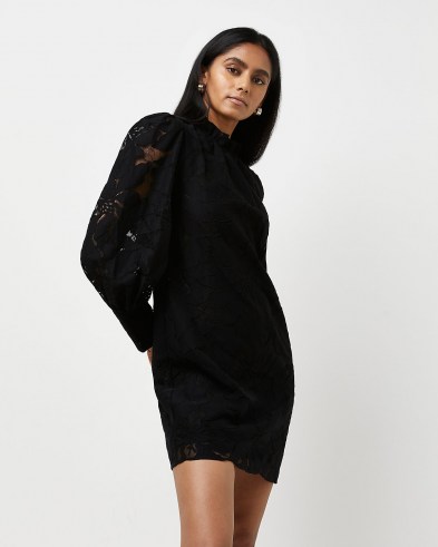 RIVER ISLAND Black lace mini dress ~ feminine LBD ~ semi sheer sleeved evening dresses - flipped