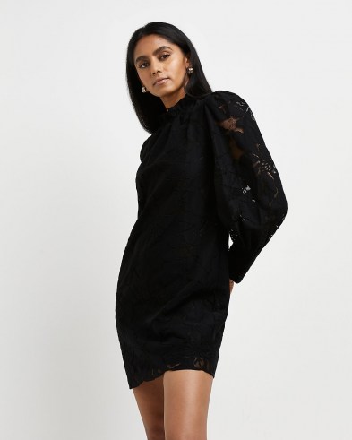 RIVER ISLAND Black lace mini dress ~ feminine LBD ~ semi sheer sleeved evening dresses