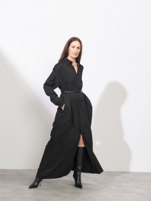 RAEY Black long-sleeved belted maxi shirt dress ~ floaty front button spread collar dresses ~ chic fashion ~ effortless style clothing - flipped