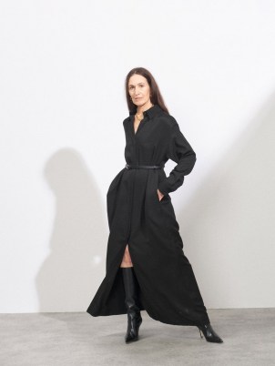 RAEY Black long-sleeved belted maxi shirt dress ~ floaty front button spread collar dresses ~ chic fashion ~ effortless style clothing