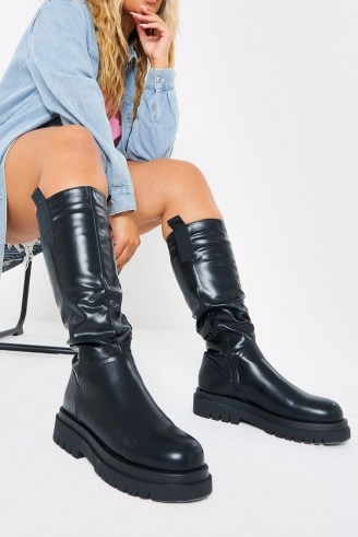 IN THE STYLE BLACK MID CALF CHELSEA BOOTS – thick chunky sole faux leather boots - flipped