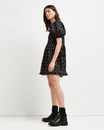 River Island Black polka dot mini dress | cute puff sleeve ruffle hem dresses | spot print fashion