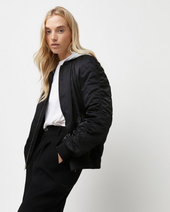 River Island Black ruched hooded bomber jacket | womens casual gathered sleeve jackets - flipped