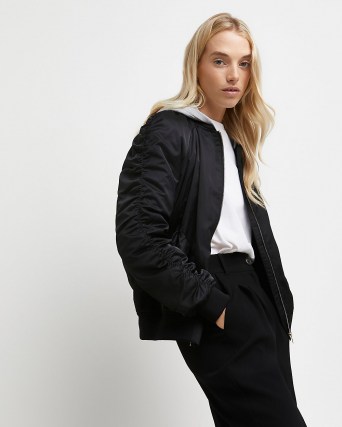 River Island Black ruched hooded bomber jacket | womens casual gathered sleeve jackets