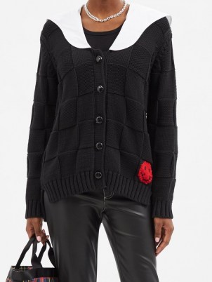 GANNI Smiley face woven cotton-blend knit cardigan in black | womens designer knitwear | women’s contrast collar cardigans