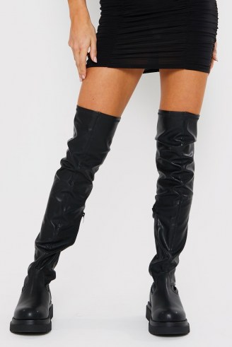 IN THE STYLE BLACK THIGH HIGH BOOTS – faux leather chunky sole over the knee boots - flipped