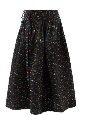 HORROR VACUI Toga Swedish Meadow-print cotton midi skirt in black – floral pin tuck detail skirts with volume - flipped