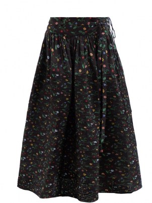 HORROR VACUI Toga Swedish Meadow-print cotton midi skirt in black – floral pin tuck detail skirts with volume