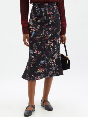 ERDEM Victorine flared floral-print denim skirt | black flower print front button skirts