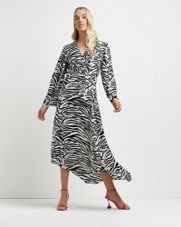 River Island Black zebra print tie neck midi dress – glamorous animal stripes – monochrome asymmetric dresses