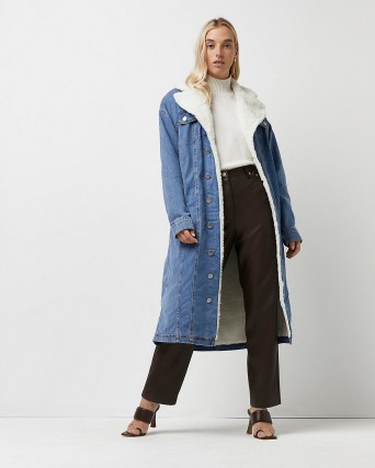 River Island Blue borg and denim longline coat – womens casual winter coats - flipped